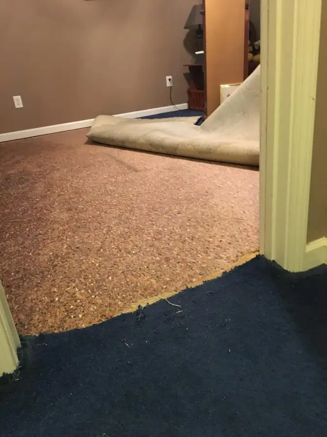 Carpet pad removal revealing water damage during Water Mitigation Services in Blythe